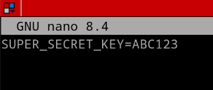 Creating a .env file with a secret key using Nano. The secret key value is ABC123