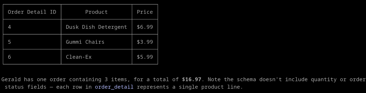 Claude Code displaying the order information for Gerald Stinefield