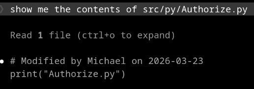 Showing modified Authorize.py file, which displays the new comment at the top generated by the path-specific rule and the line of code I had Claude Code add to it underneath