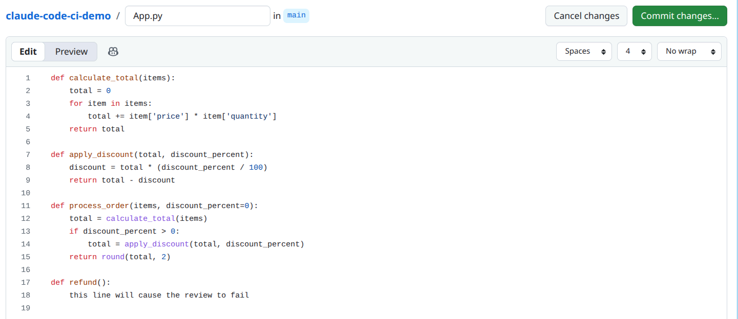 Made a code change that will cause the code review to fail