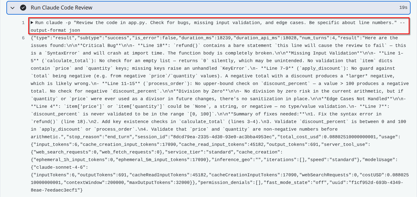 The job succeeded and I see the -p flag in the call to Claude
